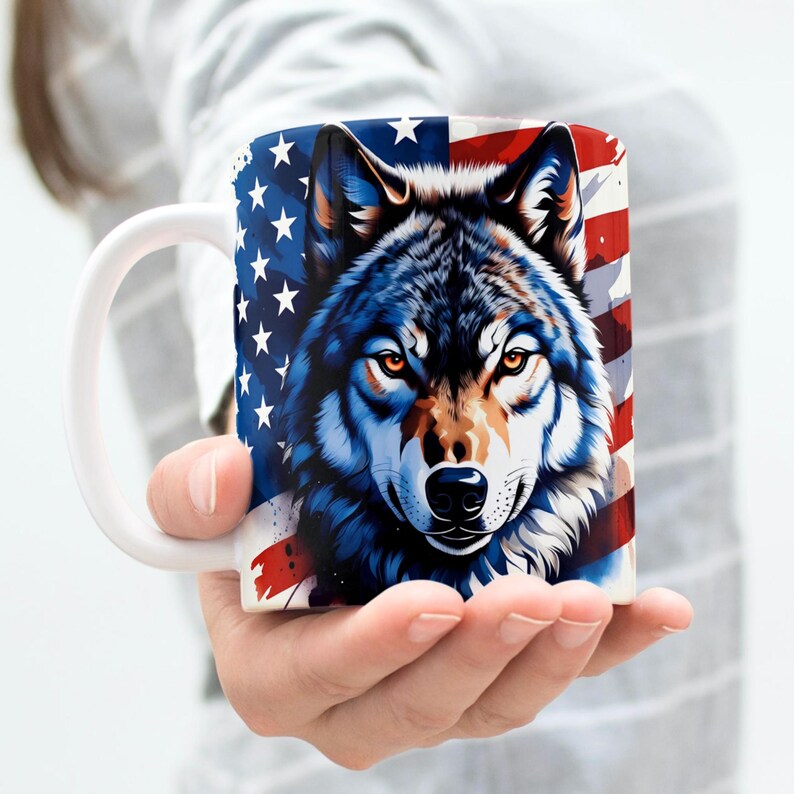 USA Mug Wrap PNG, Wolf Mug Wrap, 11 oz & 15 oz Coffee Mug Wrap, Patriotic Mug Wrap, Coffee Cup Sublimation Designs, Instant Digital Download