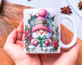 3D-kaboutermokomslag, 11oz en 15oz koffiemok png-sublimatieontwerpen, kerstmokomslag, roze kerstmok png, digitale download