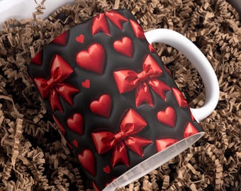 Love Mug Wrap 11oz & 15oz Red Coquette Bow Mug Wrap 3D Heart Coffee Mug Png Sublimation Designs Valentines Day Mug Wrap Digital Download PNG