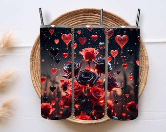 May include: Three stainless steel tumblers with black straws, decorated with red and black roses and floating hearts. The tumblers are set against a dark background, creating a romantic and elegant aesthetic.