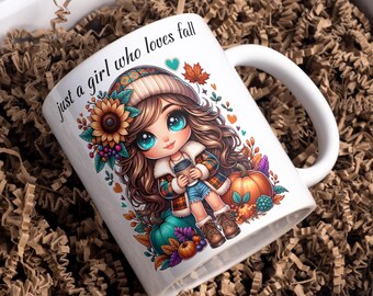 Just A Girl Who Loves Fall Mug Wrap, 11 oz & 15 oz Coffee Mug Template, Mug Sublimation Designs, 3D Mug Wrap, Instant Digital Download PNG