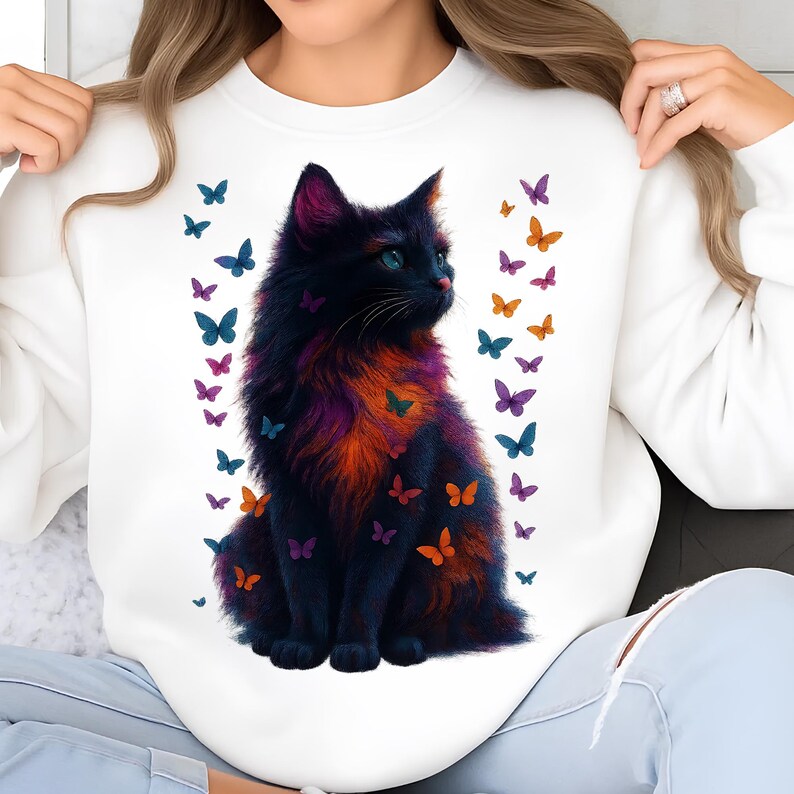 Kitten PNG T-Shirt Design Cat Lover Png Sublimation Design Black Cat Png Colorful Butterfly Png Cat Lover Shirt Tending Png Digital Download