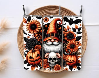 Diseños florales para vasos de 20 oz con estampado de gnomos otoñales, envoltura para vasos de calabaza de Halloween, imagen PNG de murciélago de Halloween, descarga digital PNG.
