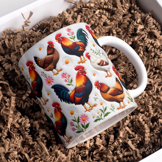 Inflated Chicken Mug Wrap 11 oz & 15 oz Rooster Mug Wrap Coffee Mug Png Sublimation Designs Floral Chicken Mug Wrap Digital Download PNG