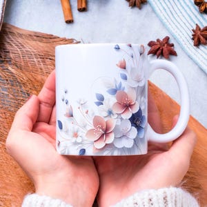 3D White Flowers Mug Wrap, 11 oz & 15 oz Blue Flowers Coffee Mug Template, 3D Pink Flowers Mug Sublimation Designs, Digital Download PNG