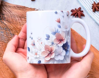 3D White Flowers Mug Wrap, 11 oz & 15 oz Blue Flowers Coffee Mug PNG, 3D Mug Wrap Pink Flowers Mug Sublimation Designs, Digital Download PNG