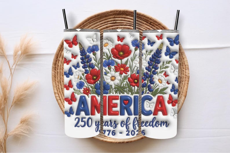 America 250 Anniversary Tumbler Wrap PNG, USA Tumbler Wrap, Patriotic Floral Tumbler Wrap,20 Oz Tumbler Wrap, Inflated Wrap Digital Download