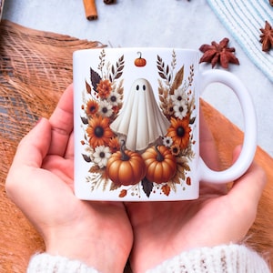 Halloween Mug Wrap, 11 oz & 15 oz Pumpkin Coffee Mug Template, Spooky Ghost Mug Wrap, Fall Mug Sublimation Designs, Digital Download