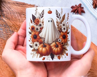 Envoltura para taza de Halloween, plantilla para taza de café de calabaza de 325 ml y 440 ml, envoltura para taza de fantasma espeluznante, diseños de sublimación para tazas de otoño, descarga digital