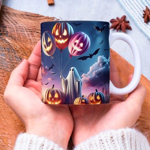 Spooky Halloween Mug Wrap, 11 oz & 15 oz Halloween Pumpkins Coffee Mug Template, 3D Bats Mug Sublimation Designs, Digital Download PNG