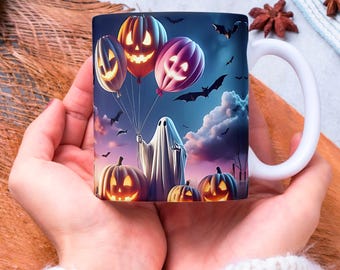 Spooky Halloween Mug Wrap: Pumpkins & Bats Sublimation Design (Digital Download PNG)