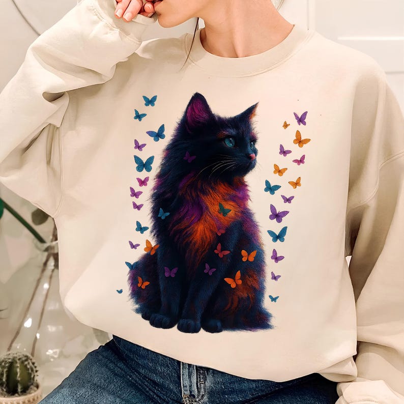 Kitten PNG T-Shirt Design Cat Lover Png Sublimation Design Black Cat Png Colorful Butterfly Png Cat Lover Shirt Tending Png Digital Download