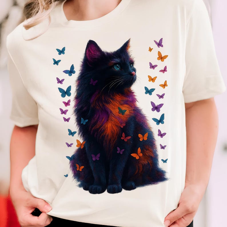 Kitten PNG T-Shirt Design Cat Lover Png Sublimation Design Black Cat Png Colorful Butterfly Png Cat Lover Shirt Tending Png Digital Download