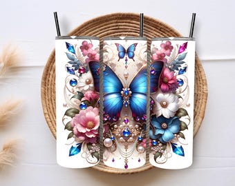 Diseño 3D de mariposa para vaso: Vaso delgado de 20 oz con diseño de sublimación (Descarga digital)