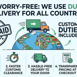 K&ouml;nnte beinhalten: Eine Infografik, die internationalen Versand bewirbt, mit dem Text "SHOP WORRY-FREE: WE USE DUTY PAID DELIVERY FOR ALL COUNTRIES!". Sie zeigt einen Globus mit Flaggen, einen LKW und Symbole f&uuml;r bezahlte Z&ouml;lle, schnellere Zollabfertigung, problemlose Lieferung und transparente Preise.