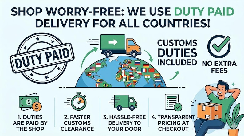 K&ouml;nnte beinhalten: Eine Infografik, die internationalen Versand bewirbt, mit dem Text "SHOP WORRY-FREE: WE USE DUTY PAID DELIVERY FOR ALL COUNTRIES!". Sie zeigt einen Globus mit Flaggen, einen LKW und Symbole f&uuml;r bezahlte Z&ouml;lle, schnellere Zollabfertigung, problemlose Lieferung und transparente Preise.