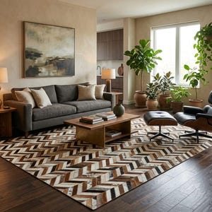 May include: A large rectangular area rug featuring a multi-colored chevron pattern in shades of brown, black, white, and tan. The rug is constructed from individual strips of hide arranged in a repeating zigzag design, covering a dark wood floor.
