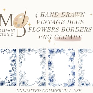 Bordures de fleurs bleues vintage dessinées à la main Clipart Doodle cadres PNG, Invitation bordure PNG, bordures de mariage floral vintage, usage Commercial