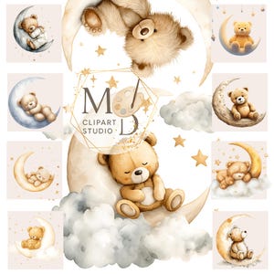 Set di clipart acquerello con orsacchiotto e luna: arte per la cameretta dei bambini 18 PNG - Download digitale