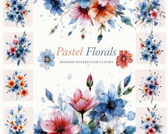 22 Watercolor Floral Clipart – Pastel Flower Illustrations, Blue Floral Art Bundle