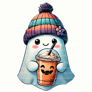 Cute Halloween Ghost Clipart | Kawaii Ghost PNG with Pumpkin Drink | Cozy Fall Ghost Illustration | Halloween Clipart Digital Download