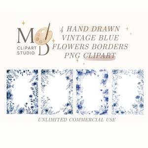Vintage Floral Clipart | 4 Blue Flower Borders PNG | Hand Drawn Watercolor Frame PNG | Digital Download for Scrapbooking and Crafts