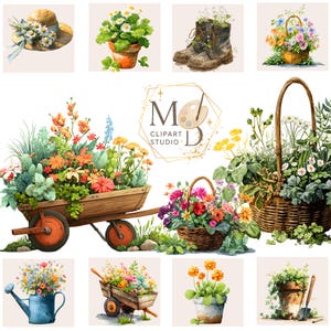 May include: Watercolor illustrations of gardening and floral arrangements. The image features a straw hat with daisies, potted plants, old boots with flowers, baskets, a wheelbarrow, and a watering can filled with colorful blooms.