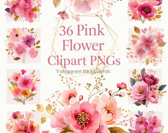 36 Pink Flower Clipart PNG | Watercolor Floral Bouquets | Transparent Background | Digital Download