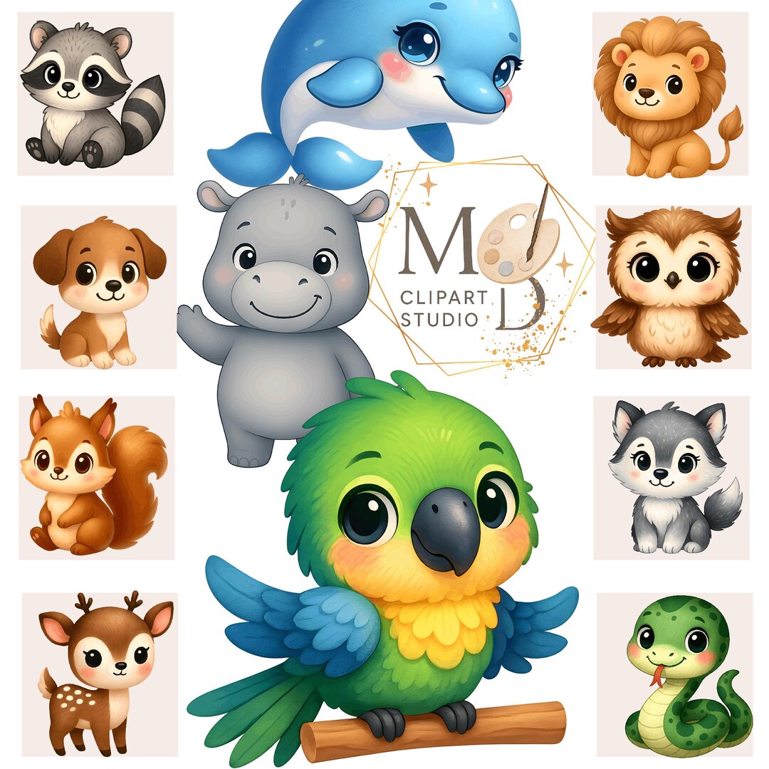 Kawaii Baby Animal Clipart Bundle, Nursery PNG Designs (digital ...