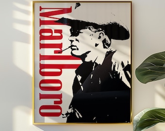 Vintage Cowboy Art Print, Classic Western Poster, Red Black White Wall Art, Retro Americana Decor