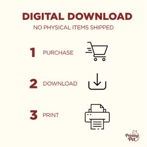 Op de afbeelding: Afbeelding voor digitale download met instructies. De tekst luidt "DIGITALE DOWNLOAD" en "GEEN FYSIEKE ITEMS VERZONDEN". Stappen zijn "1 KOPEN", "2 DOWNLOADEN" en "3 PRINTEN", elk met een pictogram. Het Printing Pet-logo staat rechtsonder.