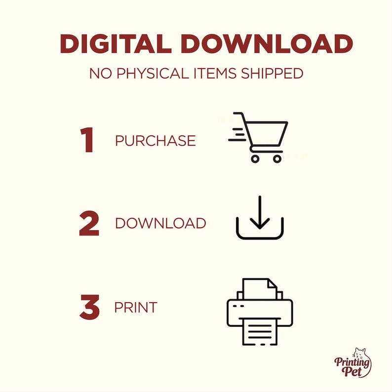 Op de afbeelding: Afbeelding voor digitale download met instructies. De tekst luidt "DIGITALE DOWNLOAD" en "GEEN FYSIEKE ITEMS VERZONDEN". Stappen zijn "1 KOPEN", "2 DOWNLOADEN" en "3 PRINTEN", elk met een pictogram. Het Printing Pet-logo staat rechtsonder.