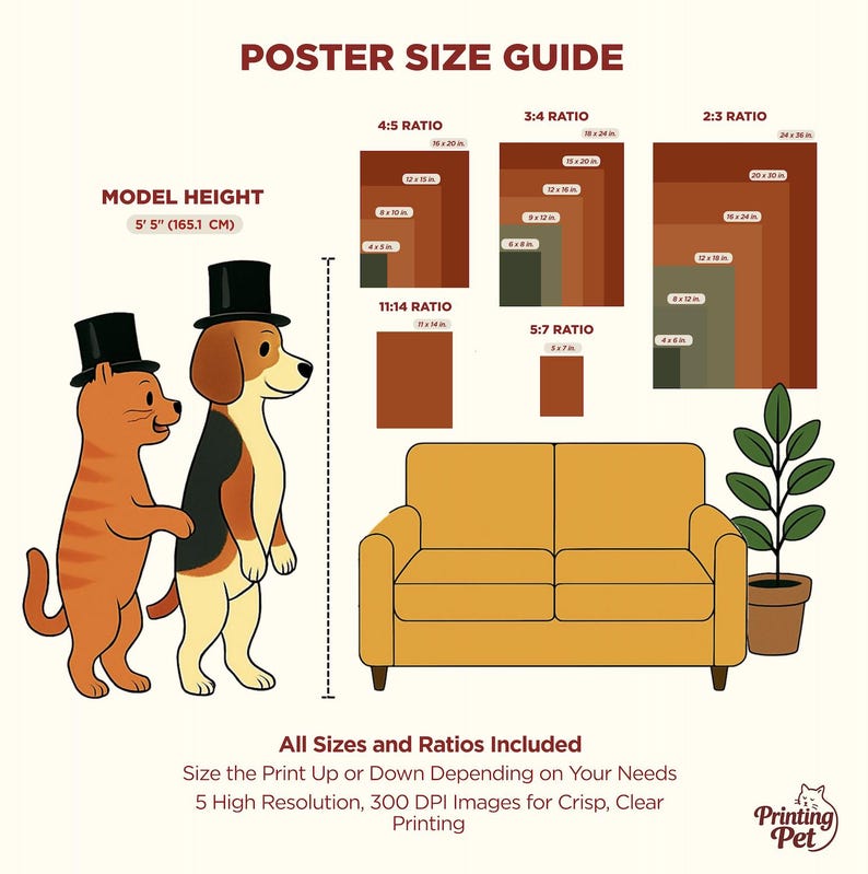 Op de afbeelding: Een posterformaatgids met verschillende beeldverhoudingen en afmetingen, zoals 10x15 cm, 20x30 cm en 40x60 cm. De afbeelding toont een cartoonkat en -hond met hoge hoeden, een gele bank en een plant in een pot. Tekst bevat "Poster Size Guide" en "All Sizes and Ratios Included".