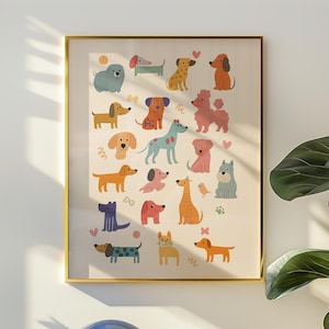 Cute Dog Print Wall Art Colorful Dog Breeds Poster for Kids Room Decor Dog Lover Gift Nursery Wall Art Playful Puppy Art Print Dog Printable