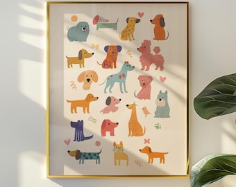 Impresión de perro lindo, arte de pared, póster de razas de perros coloridos para decoración de habitación infantil, regalo para amantes de los perros, arte de pared para guardería, impresión artística de cachorro juguetón, perro imprimible