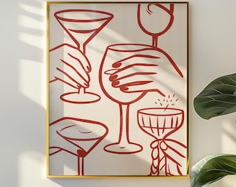 Vintage cocktailglazen print - retro barwagen kunst aan de muur - bargerei poster halverwege de eeuw - keuken eetkamer decor - direct downloaden