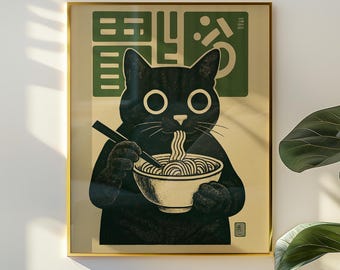 Impresión retro de gato comiendo ramen - Impresión de gato comiendo ramen / Arte mural de cocina japonesa / Decoración gastronómica original