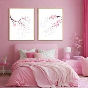 Sakura Blossom Printable Wall Art | Cherry Blossom with Floating Petals | Spring Flower Art – Set of 2