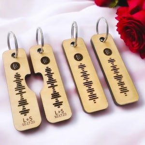 May include: Set of four wooden keychains with a heart-shaped cutout. Each keychain features a unique sound wave design and the text "L+S 10.17.23".