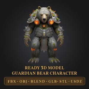 Op de afbeelding: Een 3D-model van een bewakerbeer-personage. De beer draagt ​​een harnas en heeft gloeiende oranje lampen op zijn borst. Het model is beschikbaar in de formaten FBX, OBJ, BLEND, GLB, STL en USDZ.