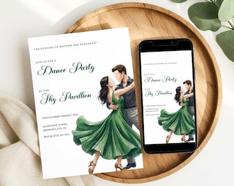 Invitación elegante para fiesta de baile, invitación formal para baile de gala, pareja en acuarela (descarga digital)
