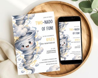 Convite de Aniversário Tornado, Convite para Festa de Aniversário com Tema de Tornado, Convite para Menino de Dois Anos, 2º Aniversário, Convite Editável no Canva
