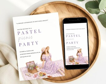 Invitación para picnic, invitación minimalista en tonos pastel para picnic, invitación editable para cumpleaños al aire libre en Canva (descargable)