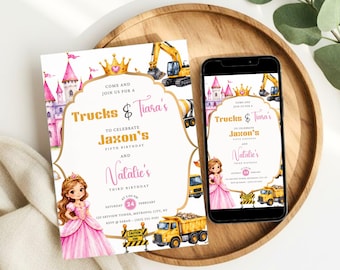 Invito di compleanno per fratelli e sorelle a tema camion e diademi, invito minimalista per festa di compleanno congiunta, download modificabile su Canva per il compleanno di fratello e sorella