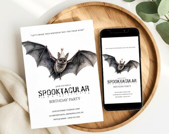 Invito di compleanno spettrale per Halloween, pipistrello ad acquerello, modificabile su Canva (download digitale)