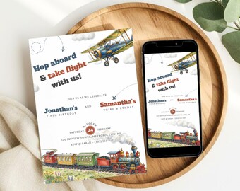 Train and Airplane Sibling Birthday Invitation, Minimalist Transpo Joint Birthday Party Invite, Brother Sister Birthday, Canva Download