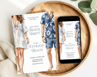 Invitación para fiesta en la playa, invitación minimalista para adultos para fiesta en la playa, invitación para fiesta tropical de verano editable en Canva (descargable)