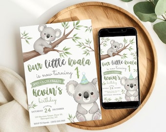 Invitación de koala, invitación de primer cumpleaños de koala, invitación de koala imprimible, invitaciones de koala, invitación de koala editable, cumpleaños móvil de animales