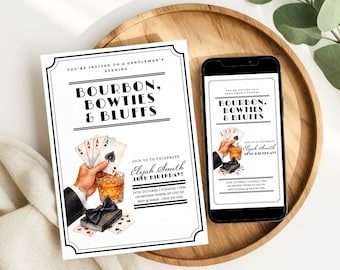 Invitación de cumpleaños número 30 para hombre, Bourbon Bowties Bluffs, plantilla editable de Canva (descarga digital)