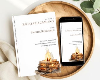 Invitación para fiesta de camping, invitación minimalista para acampar en el jardín, invitación electrónica para glamping, descarga editable de Canva para fiesta de cumpleaños en un campamento
